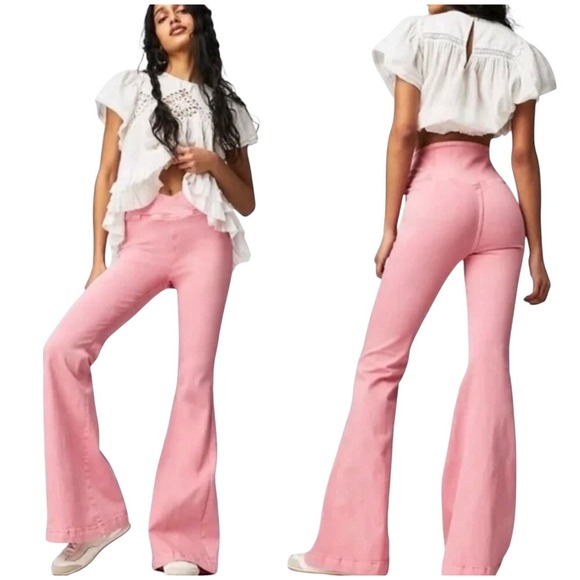 Free People Denim - We The Free Venice Beach Flare Jeans Peony Pink High Rise Bell Bottom Size 31
